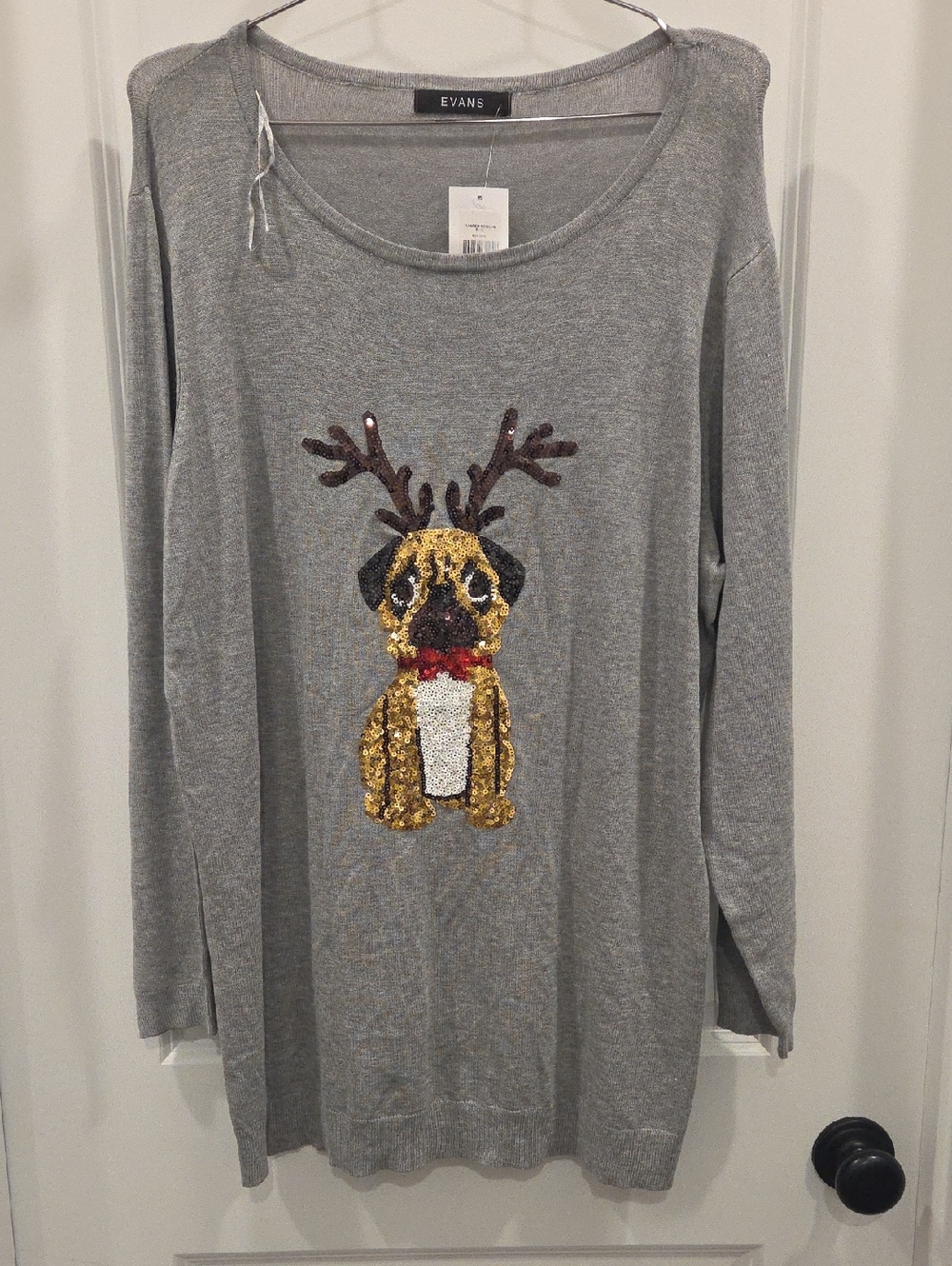 Evans Gray Sequin Pug Reindeer Sweater Top